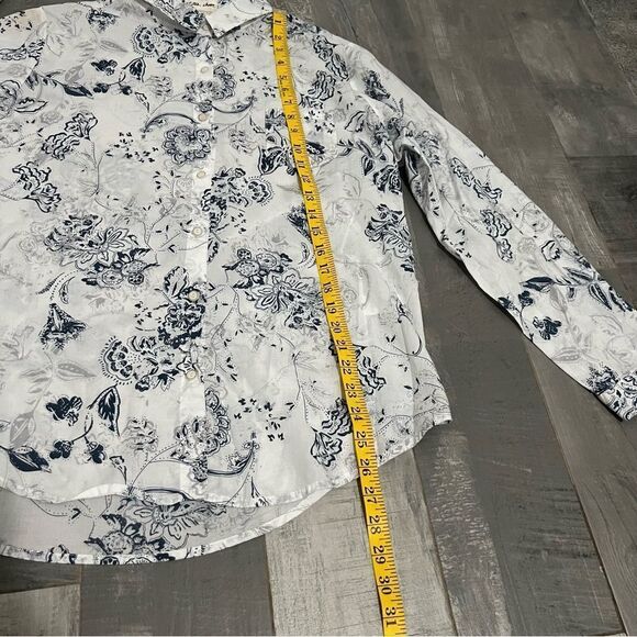 Coastal White Blue Paisley Floral Long Sleeve button Down Oversized Shirt L - Picture 8 of 9